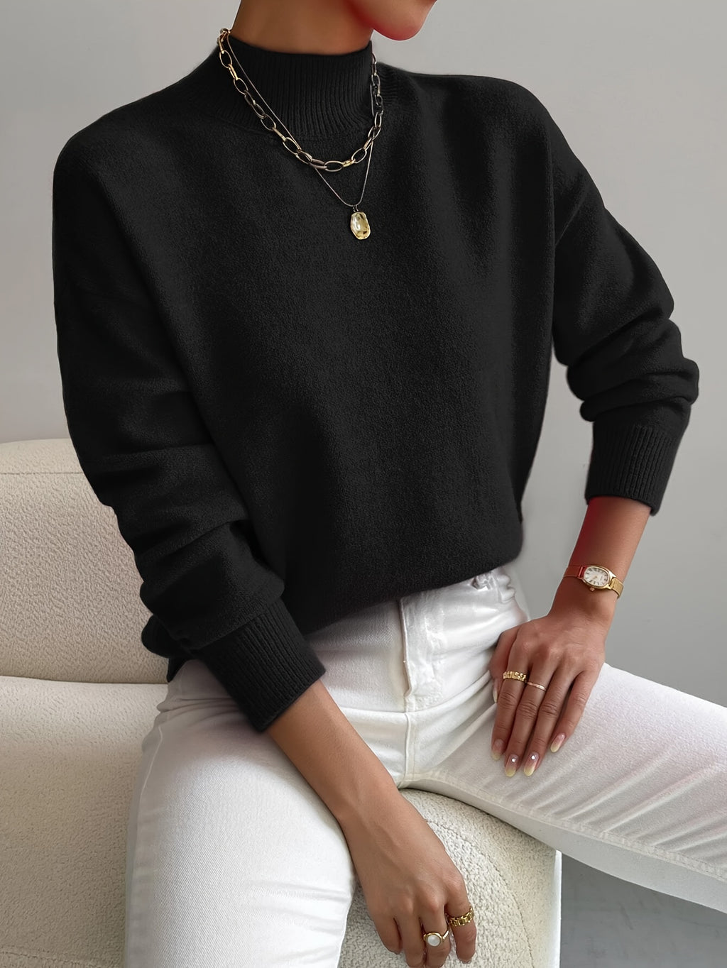 Women's Solid Color Elegant Mock Neck Long Sleeve Drop Shoulder Pullover Sweater - Black