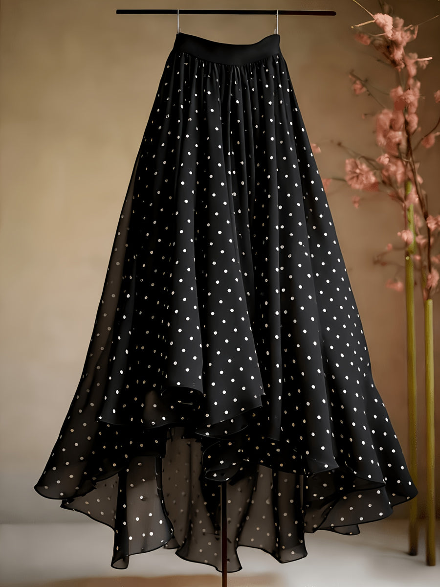 Elegant New Women's Mesh Polka Dot Skirt, High-Waist Skirt, Suitable for Vacation, Casual, and Office Wear, All-Season Style - Black