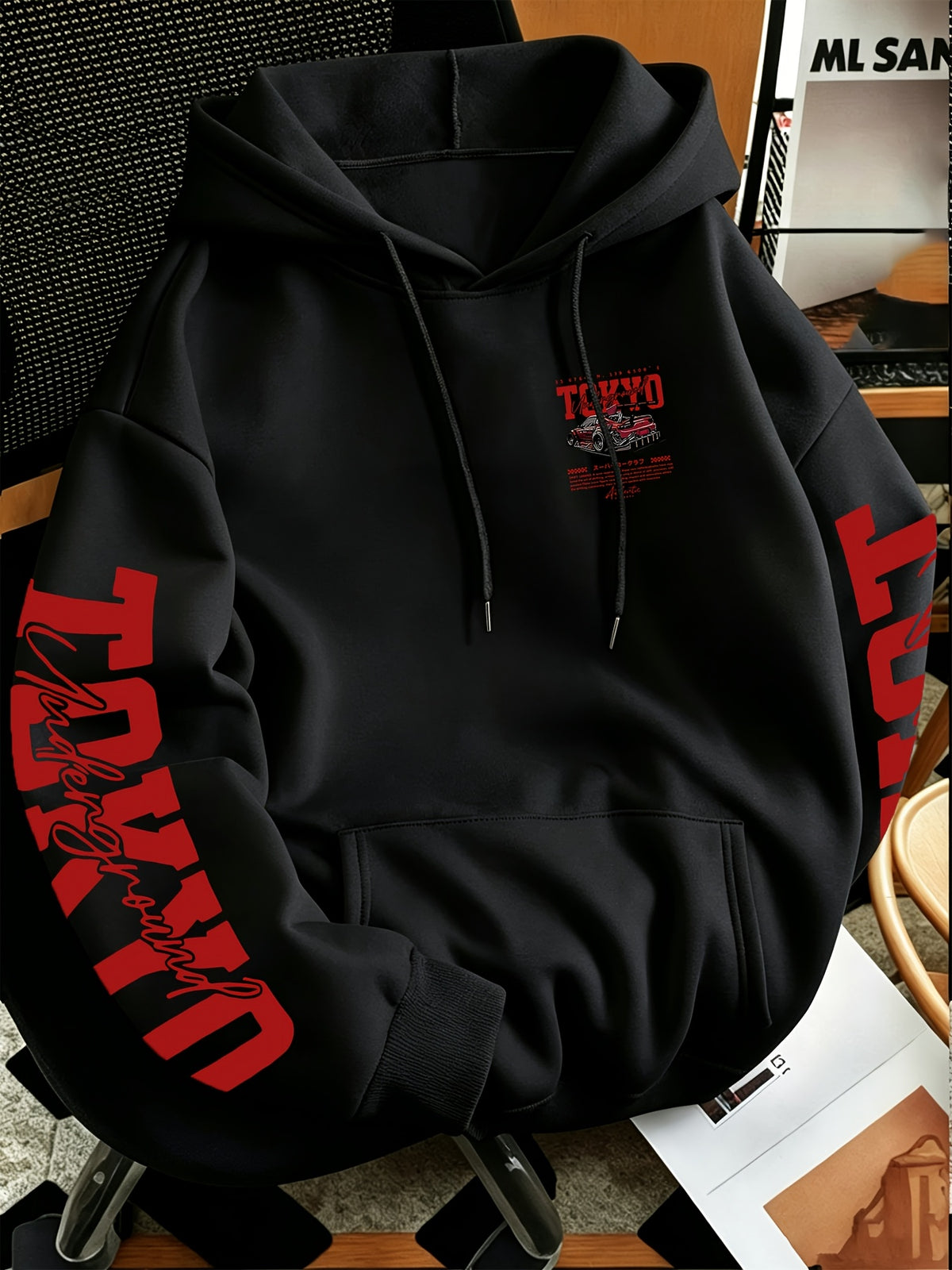 New Autumn/Winter Men's Tokyo Underground Racing Print Hooded Sweatshirt, American Street Style Motorcycle Top - Black