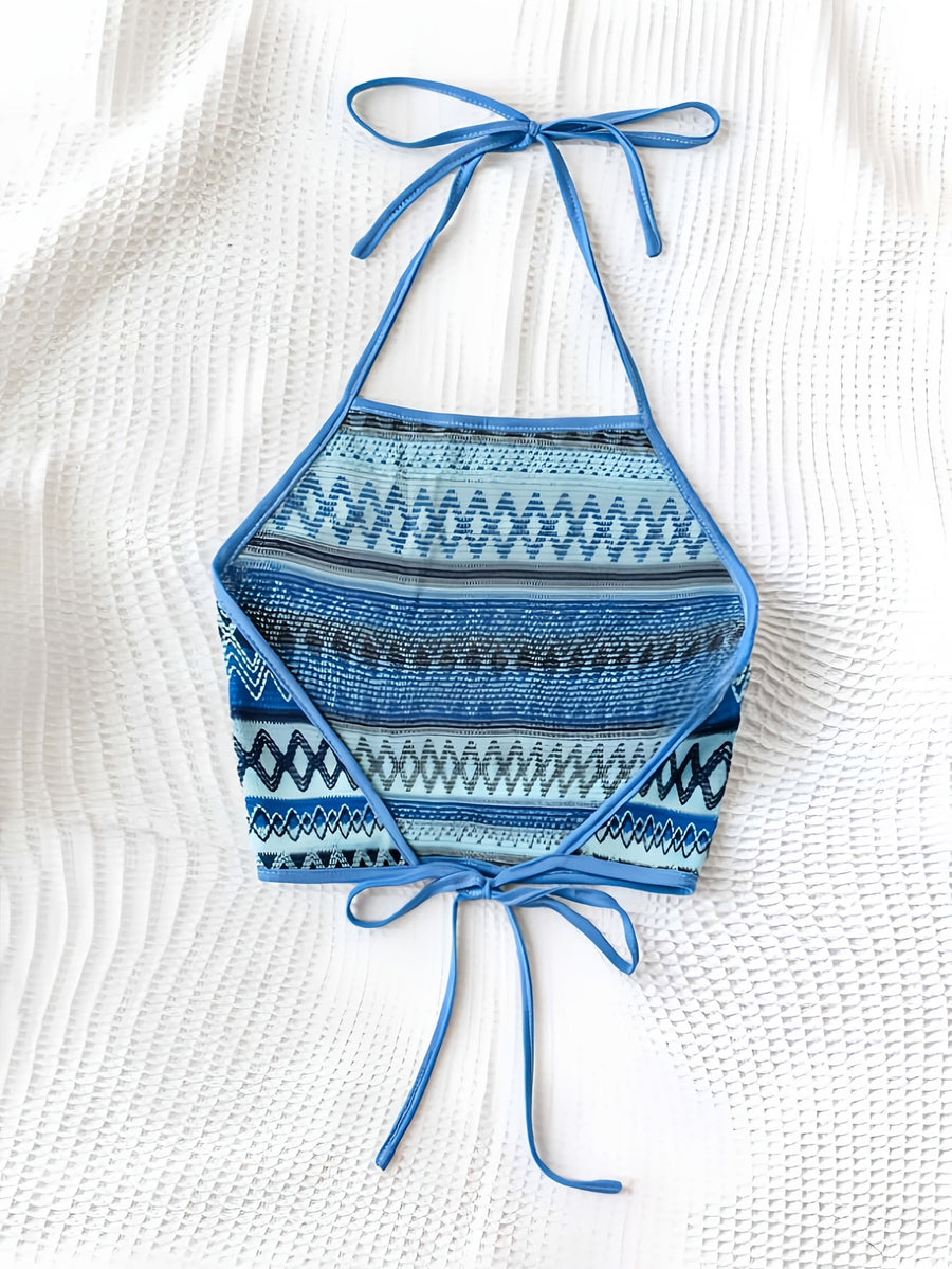 Women'S Vacation-Style Halter Crop Top with Colorful Geometric Stripes, Perfect for Summer Outings, Dates, And Everyday Wear - Royal Blue