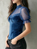 Development Bk260306052]Chic Velvet Sheer Sleeve Corset Top with Lace Trim Elegant Special - Sea Blue
