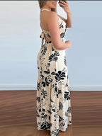 Elegant Women'S Floral Long Dress with a Backless Design, Sleeveless Straps, Perfect for Summer Beach Casual Wear with Full-Body Prints - Apricot