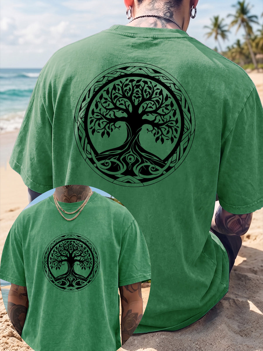 Short Sleeve T-Shirt Men'S Loose Washed Distressed Tree of Life Round Totem Trendy Double-Sided Print 12 Colors Random Match American Street High Street Hip-Hop Top Casual Outing Commuting Sports Fitness Couple Style Statement Y2K National Trend Sho - Green