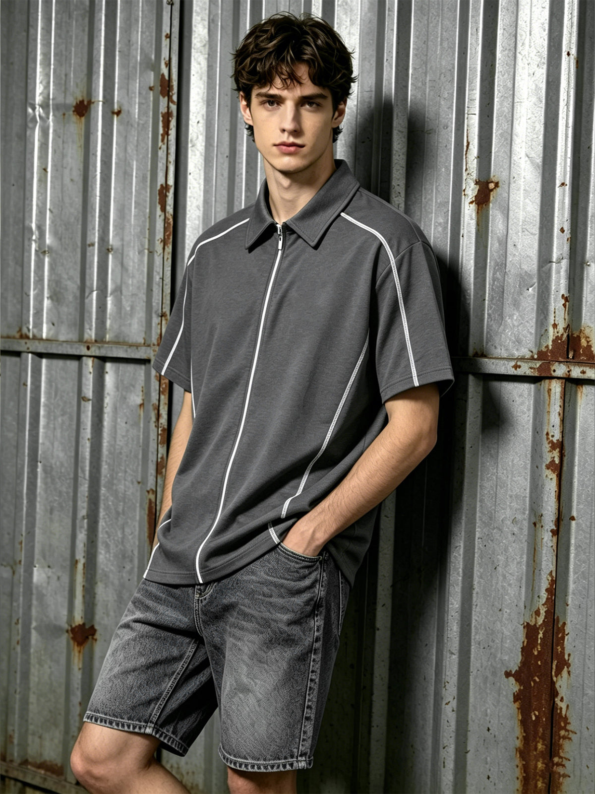 1 Men's Loose Fit Drop Shoulder Full-Zip Contrast Stitching Short Sleeve Polo Shirt, Breathable Ultra-Lightweight Quick-Dry Casual Zip-Up T-Shirt, Wear-Resistant Anti-Pilling Loose Functional Short Sleeve, Suitable for Outdoor Leisure, Outings - Dark Gray