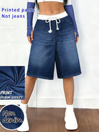 [Printed Pants - Not Faux Denim Fabric]Women'S Digital Print Leggings with Faux Denim Look, Not Actual Faux Denim Fabric - Navy Color