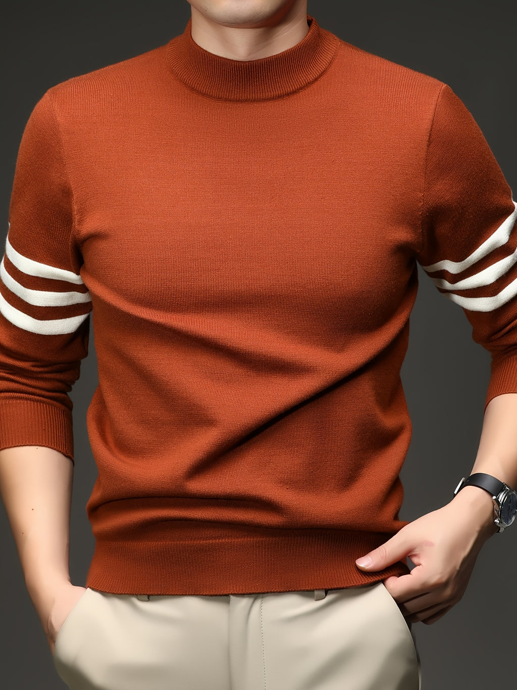 [Wading Whale OBM] 1pc Autumn Winter New Men'S Knit Pullover Sweater, Old Money Style Contrast Striped Round Neck Long Sleeve Knit Sweater for Men, Business Casual Fashion Striped Sweater, Suitable for Spring, Autumn, Winter Layering Or Inner Wear - Tangerine