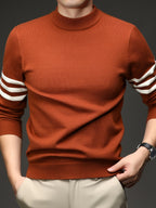 [Wading Whale OBM] 1pc Autumn Winter New Men'S Knit Pullover Sweater, Old Money Style Contrast Striped Round Neck Long Sleeve Knit Sweater for Men, Business Casual Fashion Striped Sweater, Suitable for Spring, Autumn, Winter Layering Or Inner Wear - Tangerine