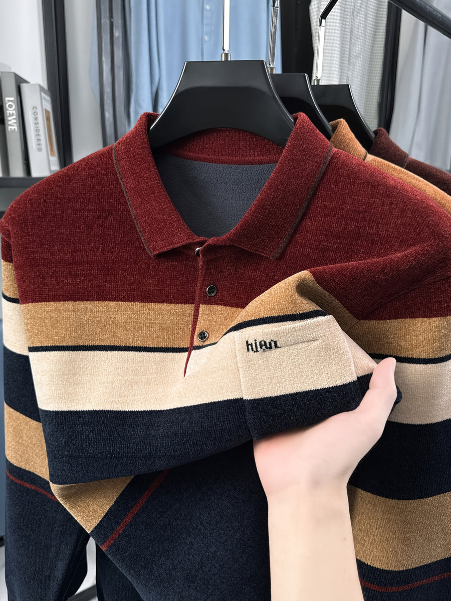 New Men's Color-Block Knit Pullover Autumn/Winter Warm Casual Polo Sweater - Red