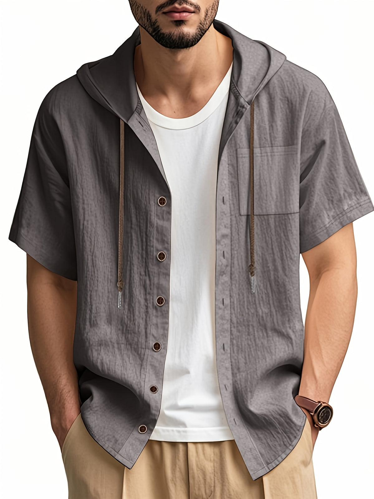 Men's Short Sleeve Hooded Shirt, Casual Button Hoodie Top with Chest Pocket, Lightweight Breathable Summer Shirt for Beach Vacation, Travel, Resort Wear, Outdoor Leisure, Streetwear Style and Daily Casual Outfit - Light Grey