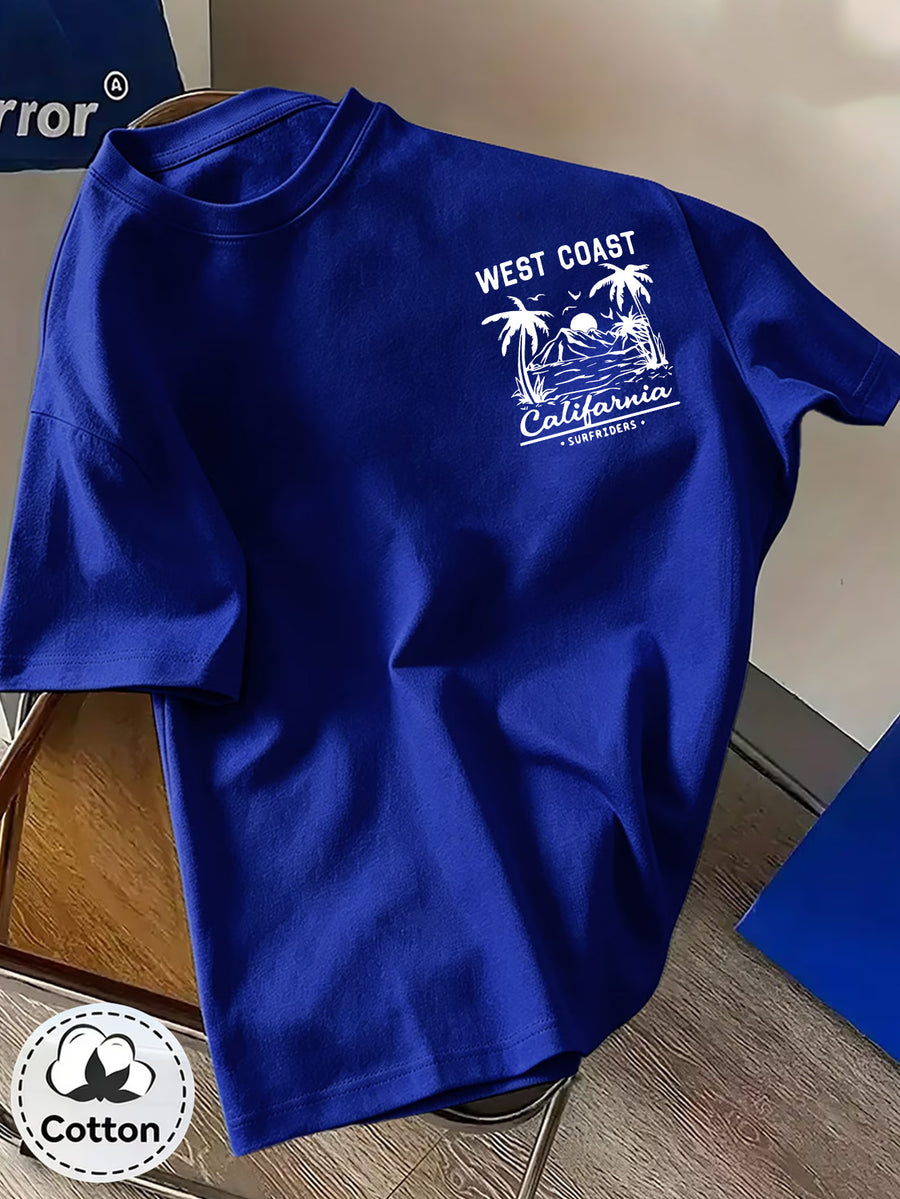 Men'S Casual T-Shirt, Fashionable Round Neck Short Sleeve, WEST COAST California Beach Surfing Pattern, All-Season Versatile, Durable Print Machine Washable Non-Fading, Commute, Streetwear, Campus, Couple Wear - Royal Blue