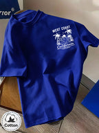 Men'S Casual T-Shirt, Fashionable Round Neck Short Sleeve, WEST COAST California Beach Surfing Pattern, All-Season Versatile, Durable Print Machine Washable Non-Fading, Commute, Streetwear, Campus, Couple Wear - Royal Blue
