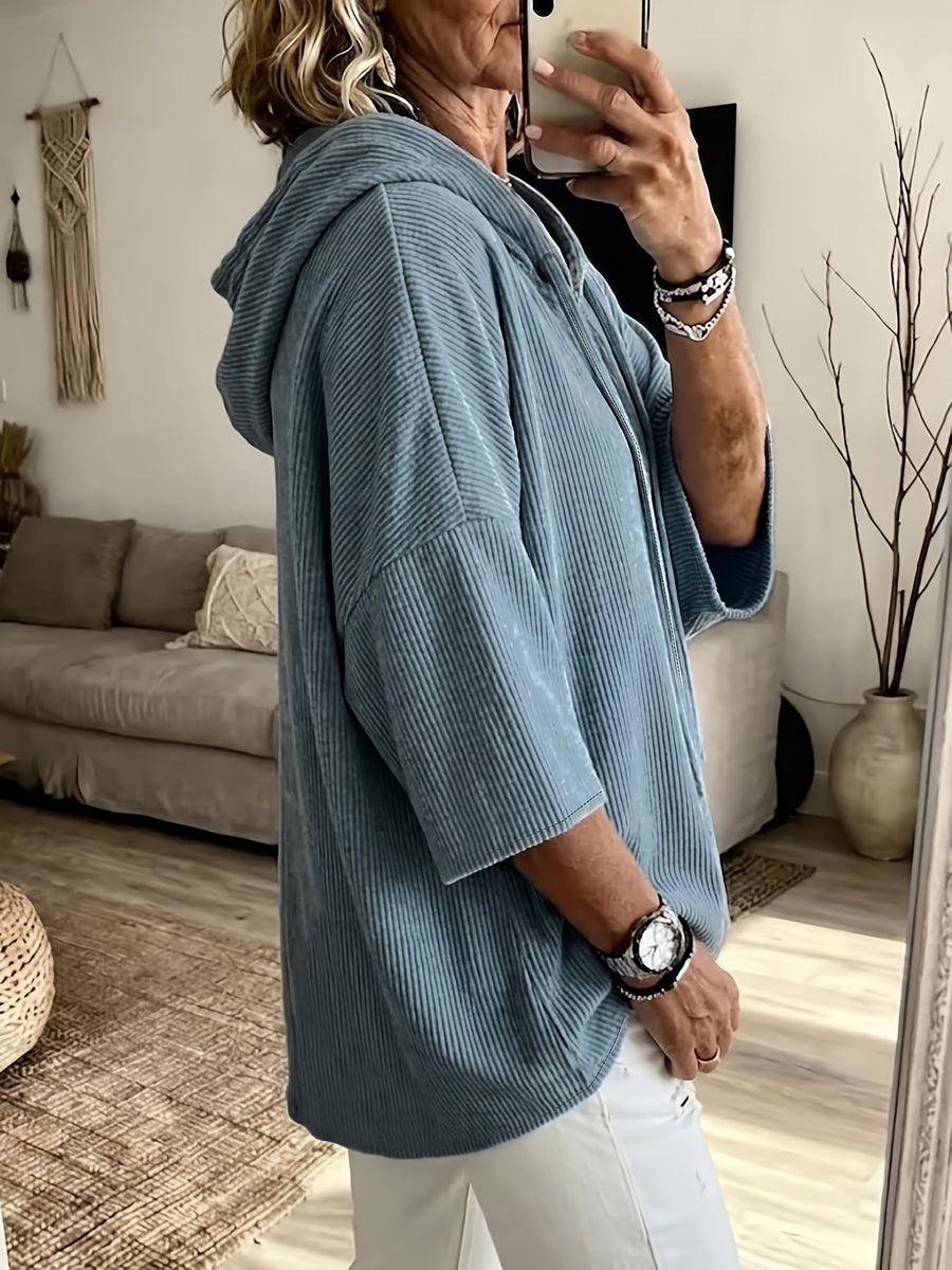Women's Corduroy Hooded Sweatshirt with Drop Shoulder, Five-Part Sleeves, Loose Oversized Fit, Casual Hoodie Top - Blue
