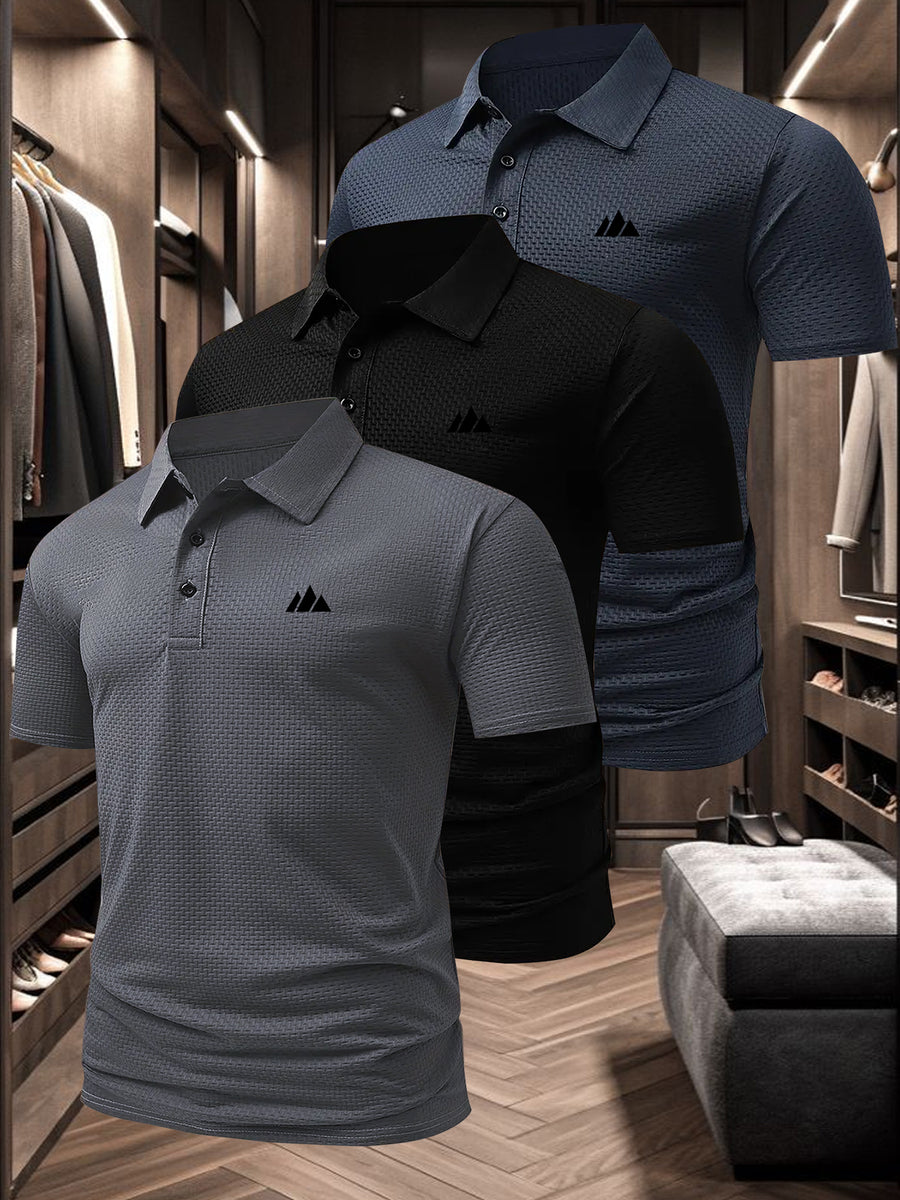 3pcs Pc Men's Quick-Dry Breathable Polo Shirts - Short Sleeve T-Shirts with Collar, Triangle Print & Suitable for Golf, Fishing, Beach, Camping | Multi-pc for Outdoor Activities | Casual Summer Wear, Hand Washable (No Transparency) - Charcoal-Black-Navy