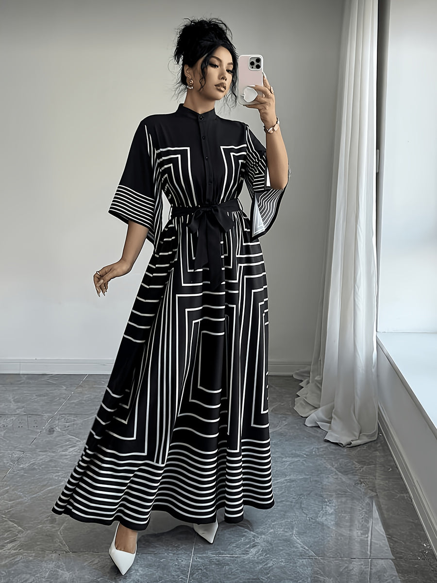 New Women's Fashion, Elegant Geometric Print Long Sleeve Short Dress, Suitable for Spring/Summer Commuting and Dating - Black