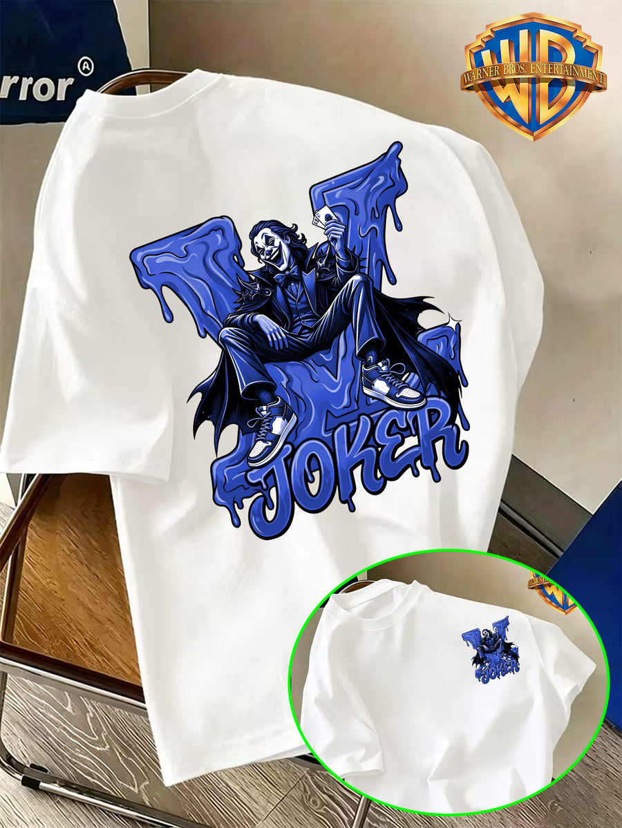 Warner Bros. Official Premium Blue Joker Klein Blue Throne JOKER Print T-Shirt, American Retro Casual Short Sleeve, Men'S Casual Comfortable Multi-Functional Loose Summer Short Sleeve T-Shirt, Suitable for Outdoor Wear, Gym - White