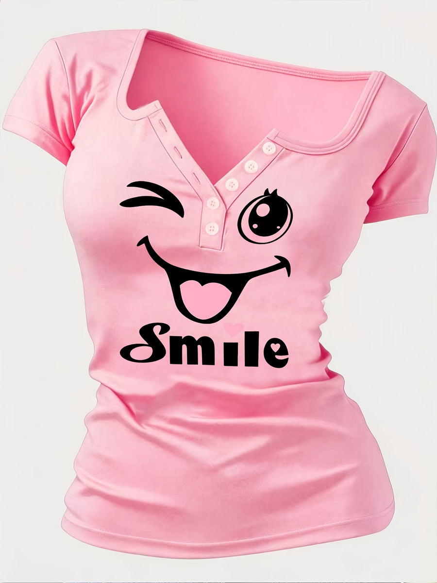 Artistic Smiling Face Pattern, Women'S Hot Outfit with Sexy Design And Buttons, Non-V-Neck Women'S T-Shirt, Suitable for All Four Seasons, Revealing Y20K/Casual/Sports/Commuting/Fashionable/Elegant, Comfortable And Breathable Gift - Pink Color