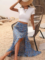 AK260309036 Women's Small Floral Print Ruffle Hem Asymmetrical Hem Skirt, Bohemian Ruffle Hem, Thigh-Split Long Regular Fit High-Waist Black Small Floral Print Skirt for Women, Spring/Summer, Casual Daily Wear Long Vacation Beach Skirt - Peacock Blue