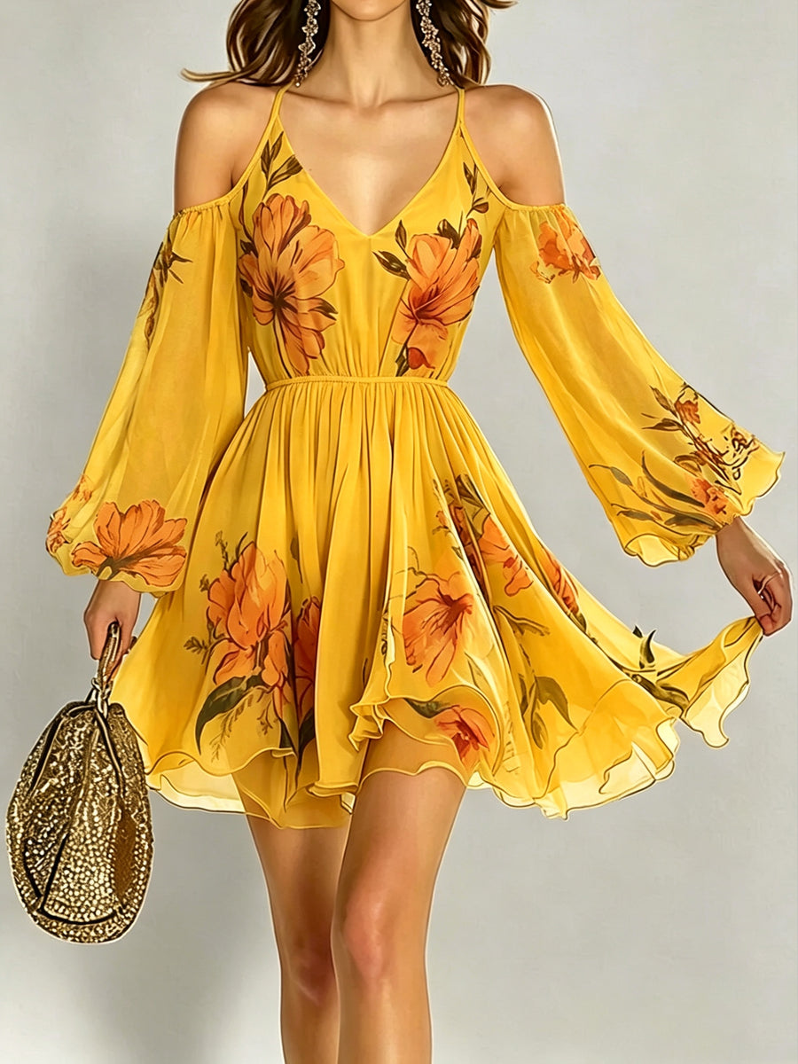 Women's Spring/Summer Casual Elegant Vacation Off-Shoulder V-Neck Printed Flared Sleeve Mini Dress ZLLZ - Yellow