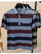 Men's Summer Striped Polo Shirt, Washed with Enzyme Process, Pearl Cotton Short Sleeve T-Shirt, Middle-Aged Business Casual Dad Style - Bright Steel Blue