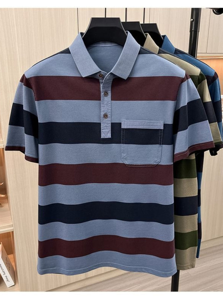 Men's Summer Striped Polo Shirt, Washed with Enzyme Process, Pearl Cotton Short Sleeve T-Shirt, Middle-Aged Business Casual Dad Style - Bright Steel Blue