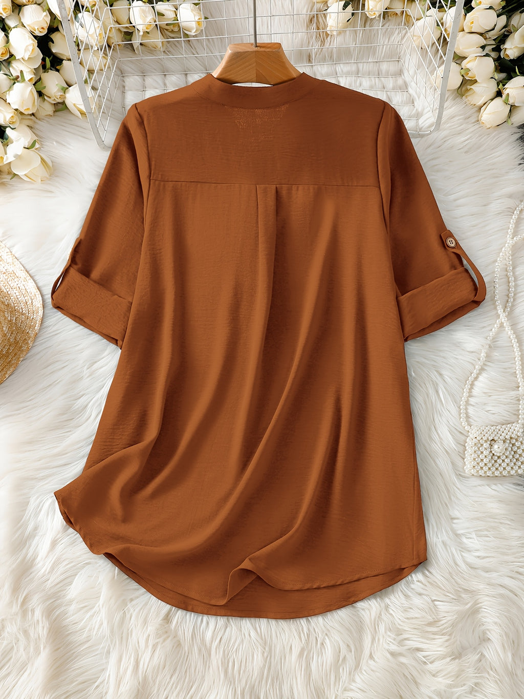 Elegant Women's Simple Casual Daily Short-Sleeve Solid Color Shirt, Spring/Summer Fashion Casual Outing Shirt, BK0608018 - Coral