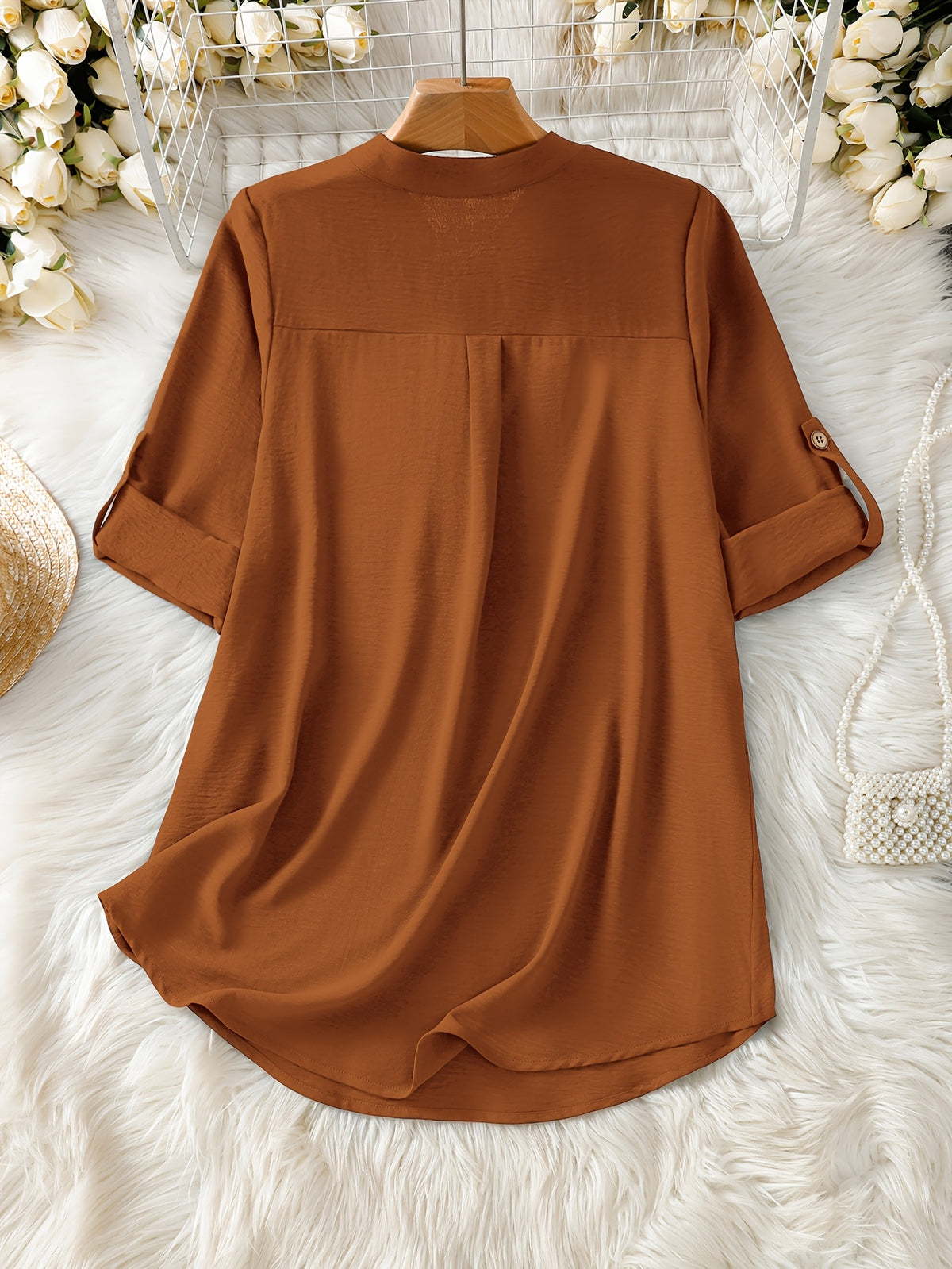 Elegant Women's Simple Casual Daily Short-Sleeve Solid Color Shirt, Spring/Summer Fashion Casual Outing Shirt, BK0608018 - Coral