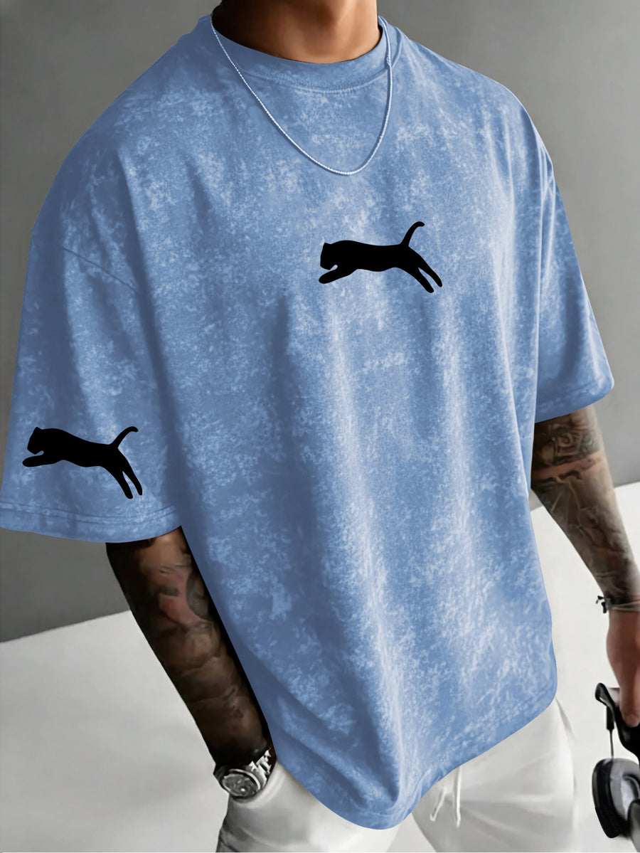 American Retro Distressed Short Sleeve T-Shirt, Men'S Trendy Cheetah Print Regular Oversize Street Casual Top - Light Blue