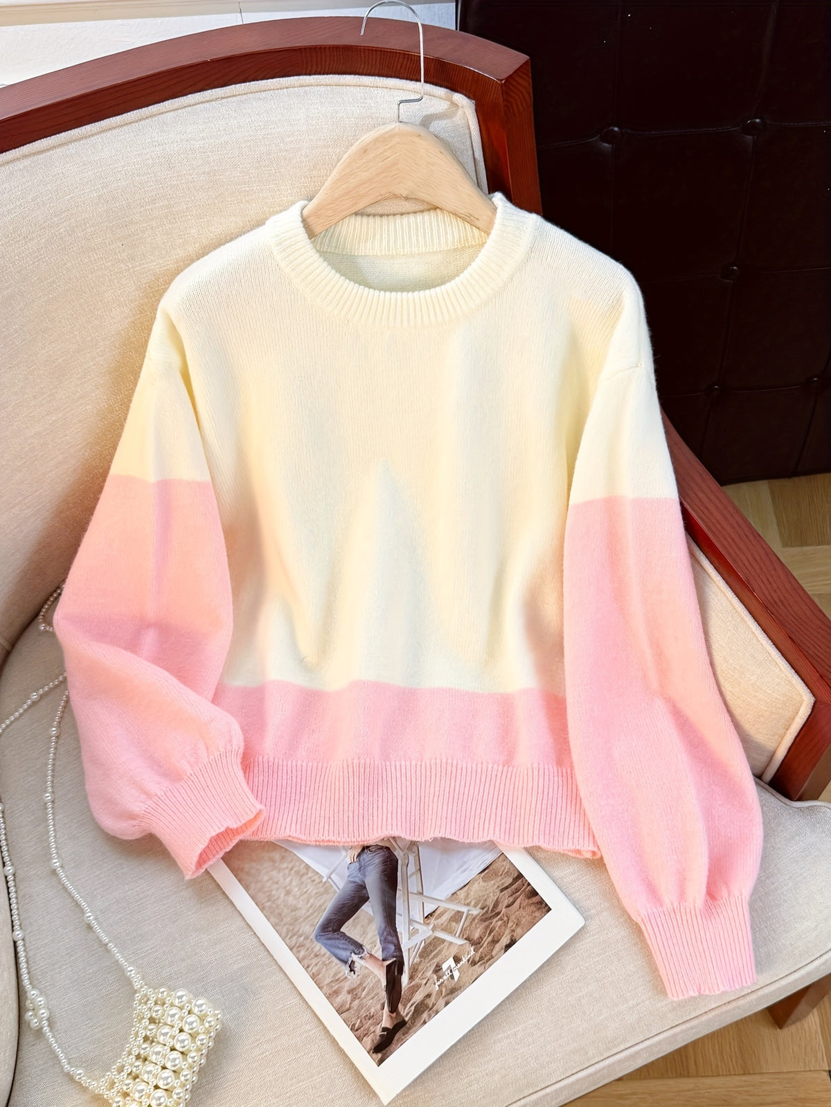 White-pink Gradient Loose Sweater, New Early Autumn Style, Uniquely Elegant, Versatile Top for Home and Office - White