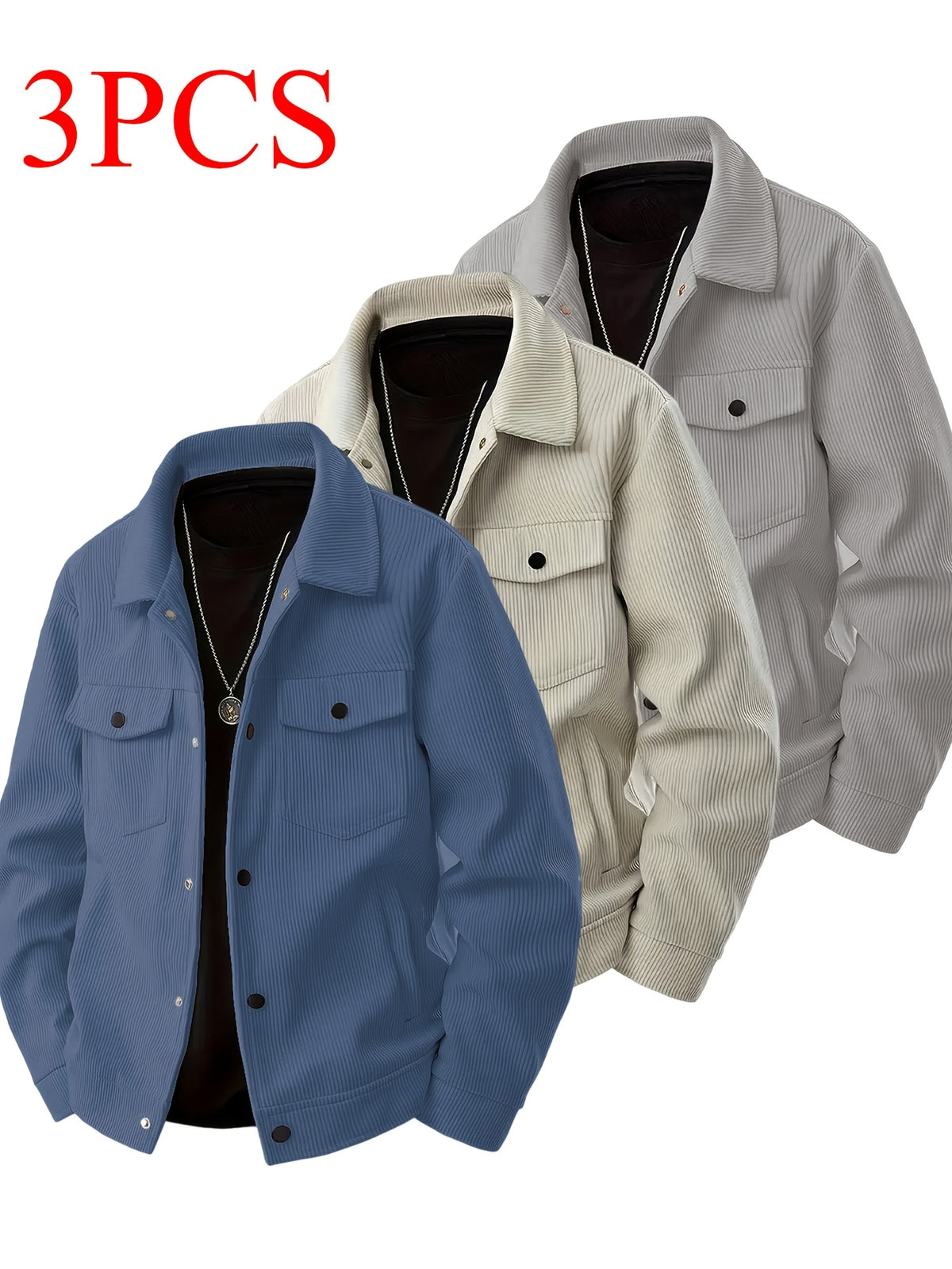 Joshmei OBM Autumn/Winter New Arrival Men's Solid Color Fashion Multi-Pocket Button-Up Cargo Jacket Outerwear 3pcs Set - Blue+khaki+grey