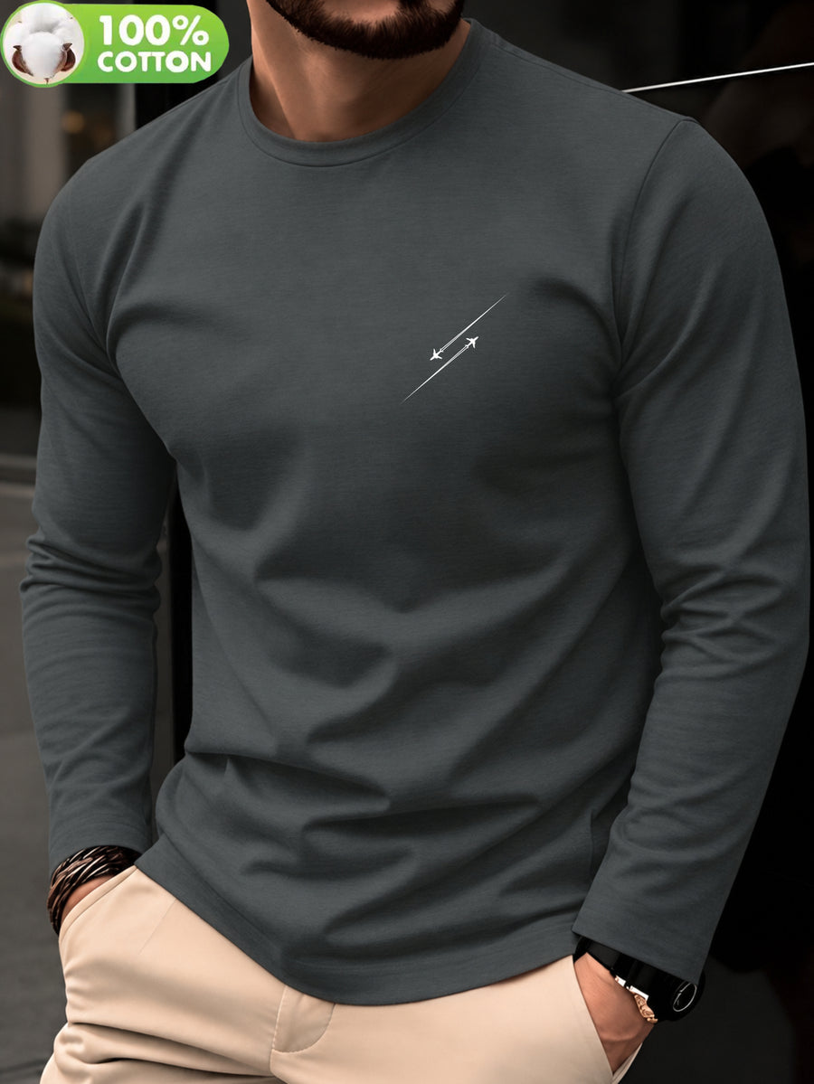100% Cotton Men's T-Shirt, Spring/Autumn Long Sleeve, Standard Fit, Daily Casual Versatile Top, Fashionable, Elegant, , and Fun Print - Dark Gray