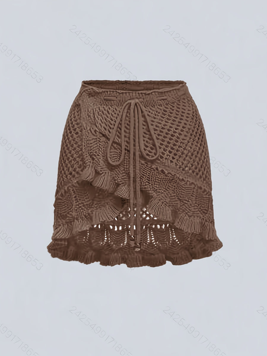 Targeted Style - Women's Elegant Casual Mini Skirt - Summer Beach Hollow Dress, Solid Color Minimalist, Soft and Comfortable Fabric - Dark Brown