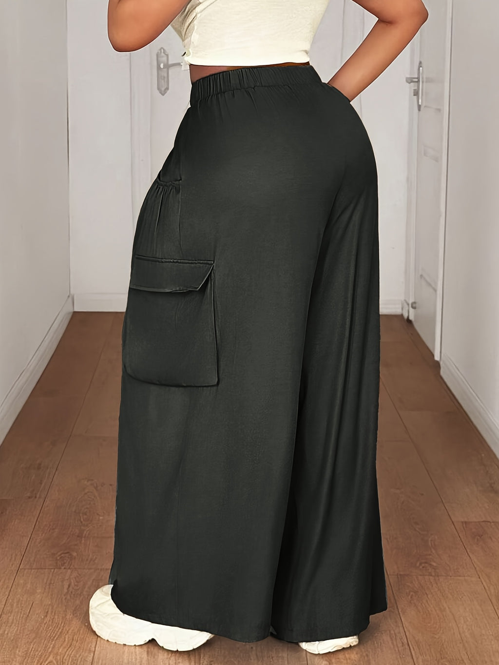Plus Size, [Printed Pants - Not Denim Fabric] Plus-size Women's Elastic Waist, Multi-pocket Decorative Denim-style Pants - Deep Grey