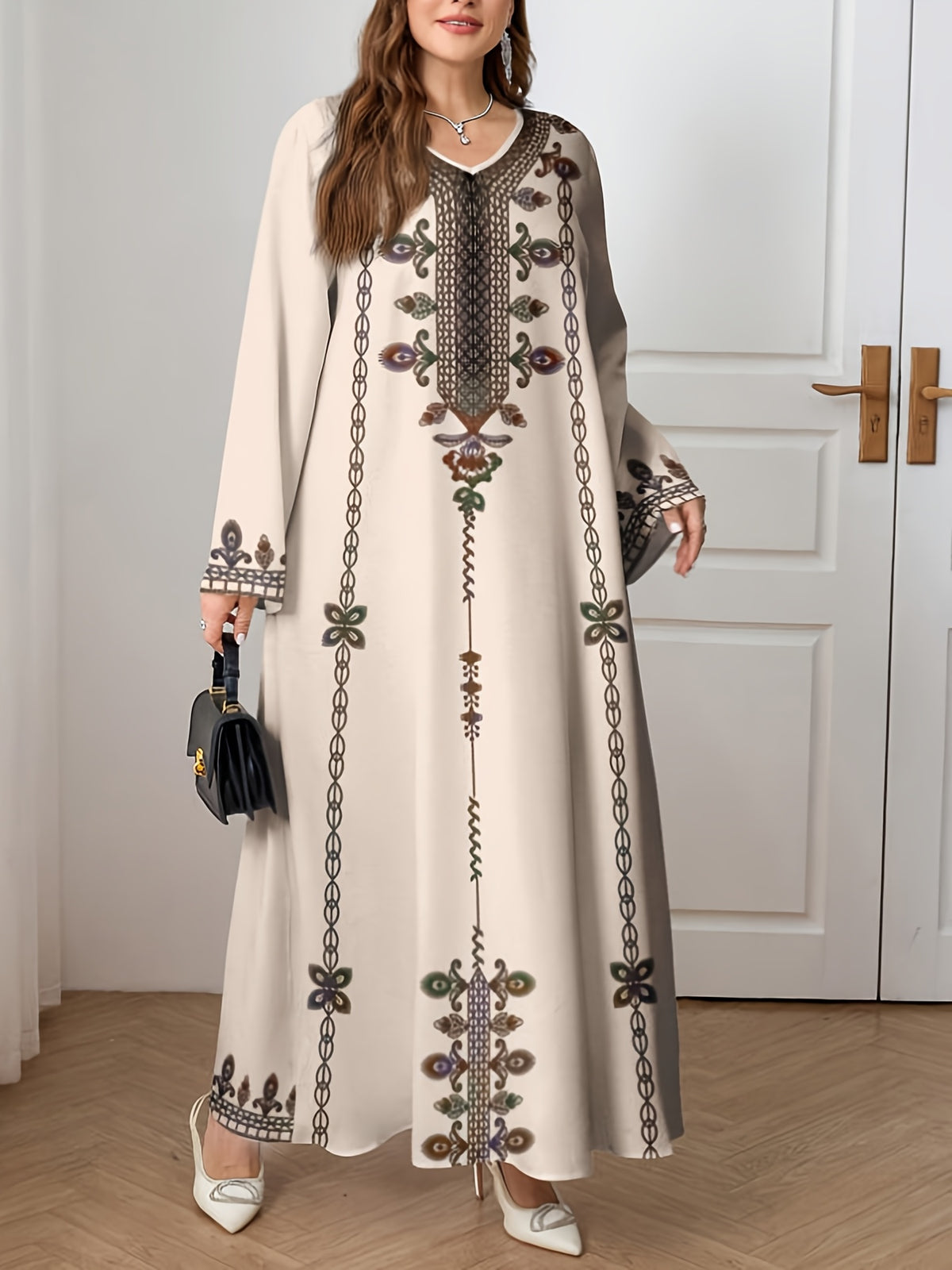 2026 Middle Eastern Elegant Robe Spring And Autumn New Arrival Ethnic Style Printed Long Skirt Ramadan Eid Al-Fitr Eid Al-Adha Temperament Commuting Loose And Comfortable Vacation Style Long Sleeve Dress 1 - Apricot