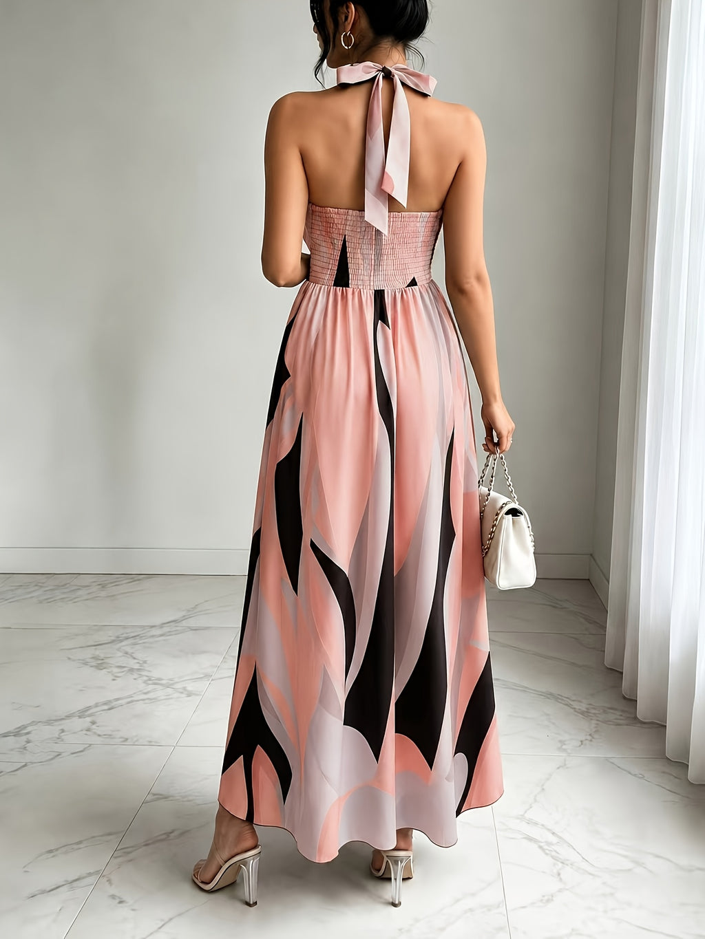 New French-Style Casual Elegant Sexy High-End Design V-Neck Backless Spaghetti Strap Waist-Revealing A-Line Slit Sleeveless Long Dress, Red and Green Floral Print, High-Quality Exquisite Women's Clothing - Pink