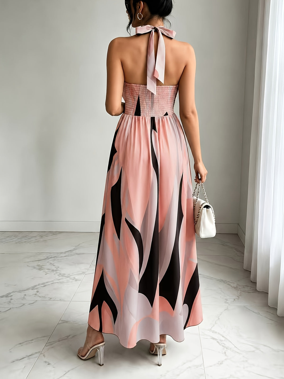 New French-Style Casual Elegant Sexy High-End Design V-Neck Backless Spaghetti Strap Waist-Revealing A-Line Slit Sleeveless Long Dress, Red and Green Floral Print, High-Quality Exquisite Women's Clothing - Pink