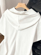 Women'S Top, Solid Color Minimalist Casual Hooded Short Sleeve Sweatshirt, Valentine'S Day Heart Pattern Print - White