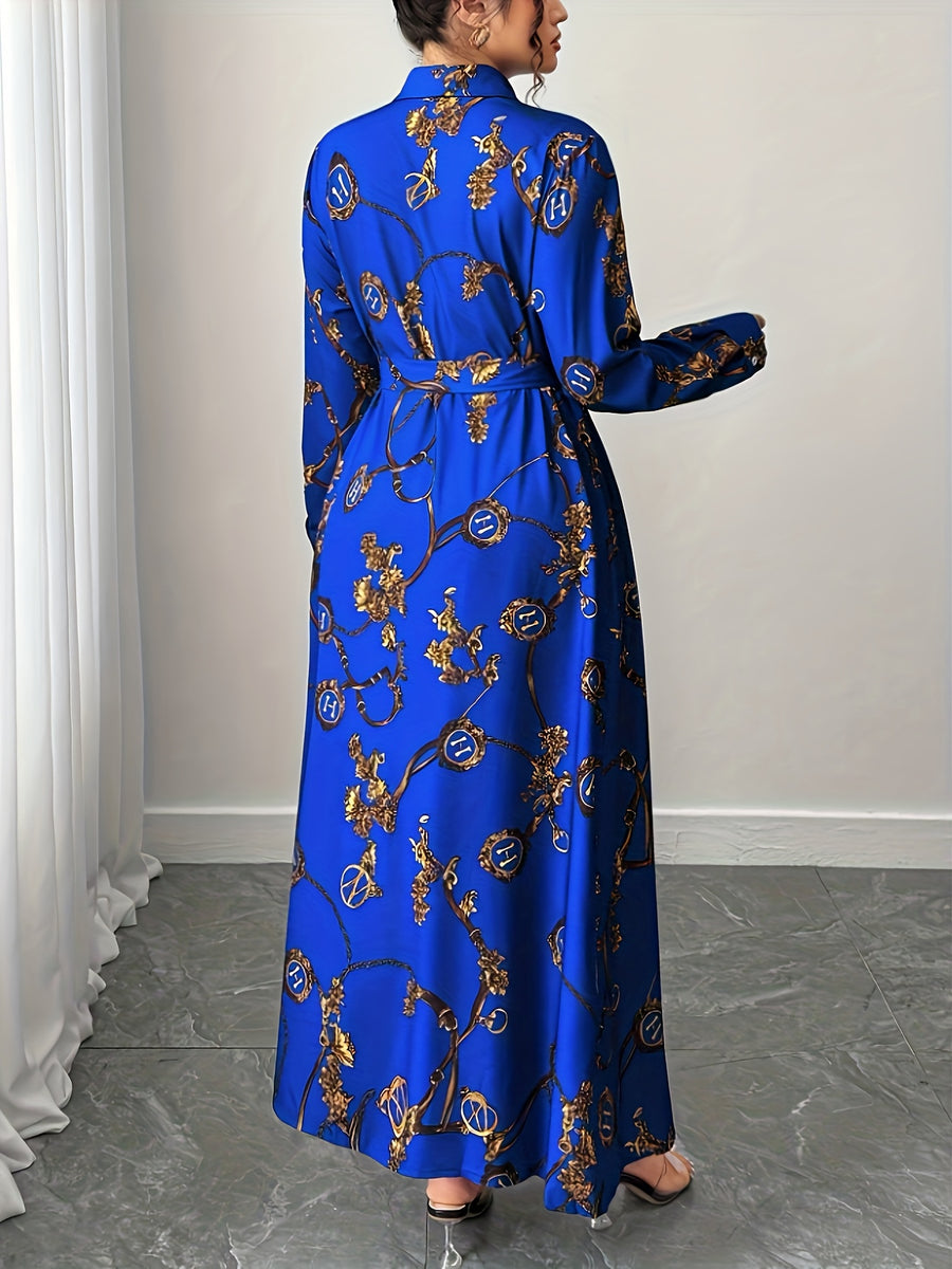 Women'S Vintage Long-Sleeve Single-Breasted Elegant Printed Belted Dress, Suitable for Bridesmaids - Blue Navy