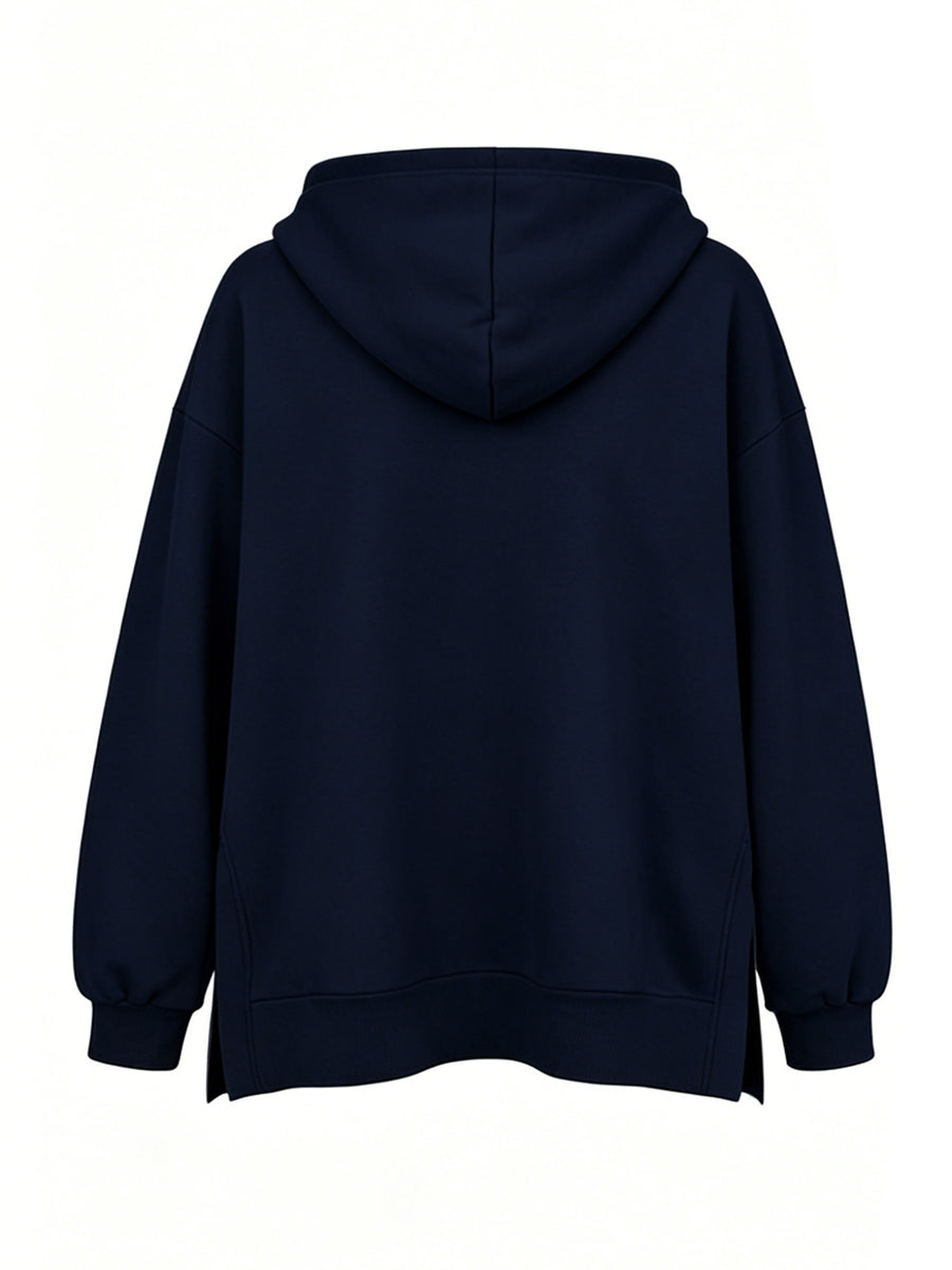 Women'S Fashion Hooded Sweatshirt for Autumn And Winter - Pattern Print Design, Side Slit Detail, Pullover Hoodie - Navy Color