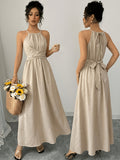 Women'S Early Spring Faux Bamboo Texture Sleeveless Cami Waist-Cinching A-Line Long Dress - Khaki