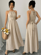 Women'S Early Spring Faux Bamboo Texture Sleeveless Cami Waist-Cinching A-Line Long Dress - Khaki