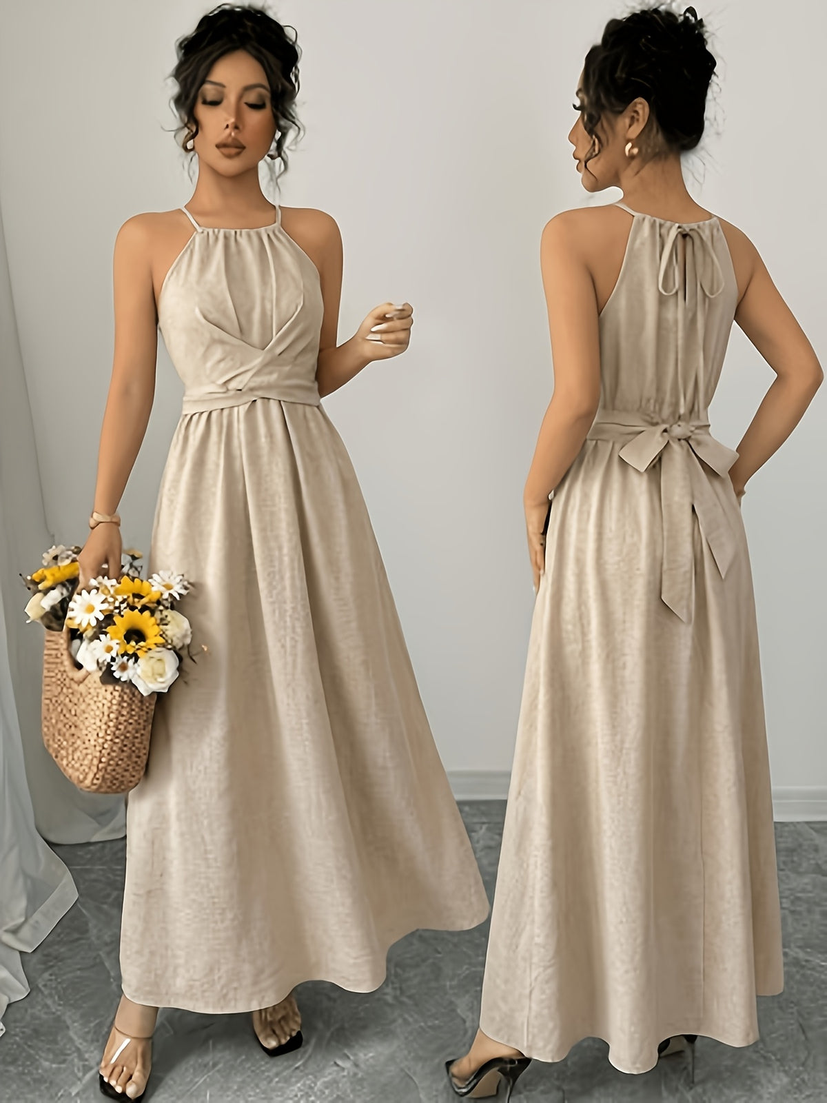 Women'S Early Spring Faux Bamboo Texture Sleeveless Cami Waist-Cinching A-Line Long Dress - Khaki