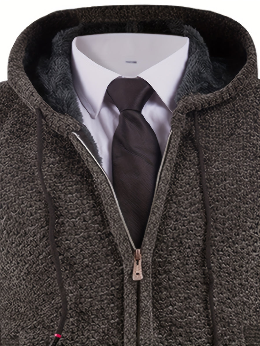 Solid Color Men'S Autumn And Winter New Style Men'S Coarse Yarn Knitted Long Zipper Cardigan Long Sleeved Hooded Drawstring Fashionable Casual Business Versatile with Thick Velvet Insulation Pocket Sports Vitality Elastic Jacket - Dark Gray