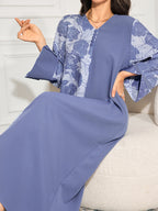2026 Spring/Autumn New Women's Long Sleeve Printed Maxi Dress, Arabic Style Loose Fit Dress, Women's Casual Robe Long Dress 3071B - Blue