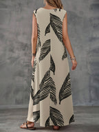 Women's Leaf-pattern V-neck Long Dress, Suitable for Summer Wear - Khaki