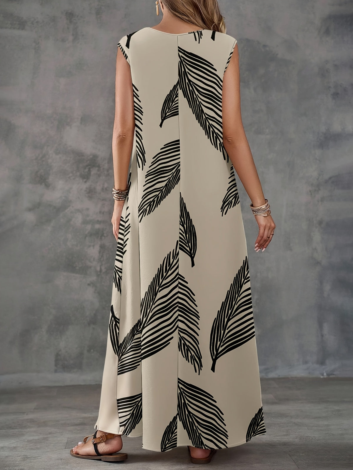 Women's Leaf-pattern V-neck Long Dress, Suitable for Summer Wear - Khaki