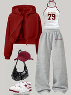 Women's 3pcs Set: Jacket, Number + Letter Print Vest, Wide-Leg Pants Set | Casual Loose Autumn/Winter Outfit | Complete Autumn/Winter Outfit | Color-Block Vest Hooded Jacket and Pants Set | Suitable for Daily Wear, Commuting, - Wine red/grey/white