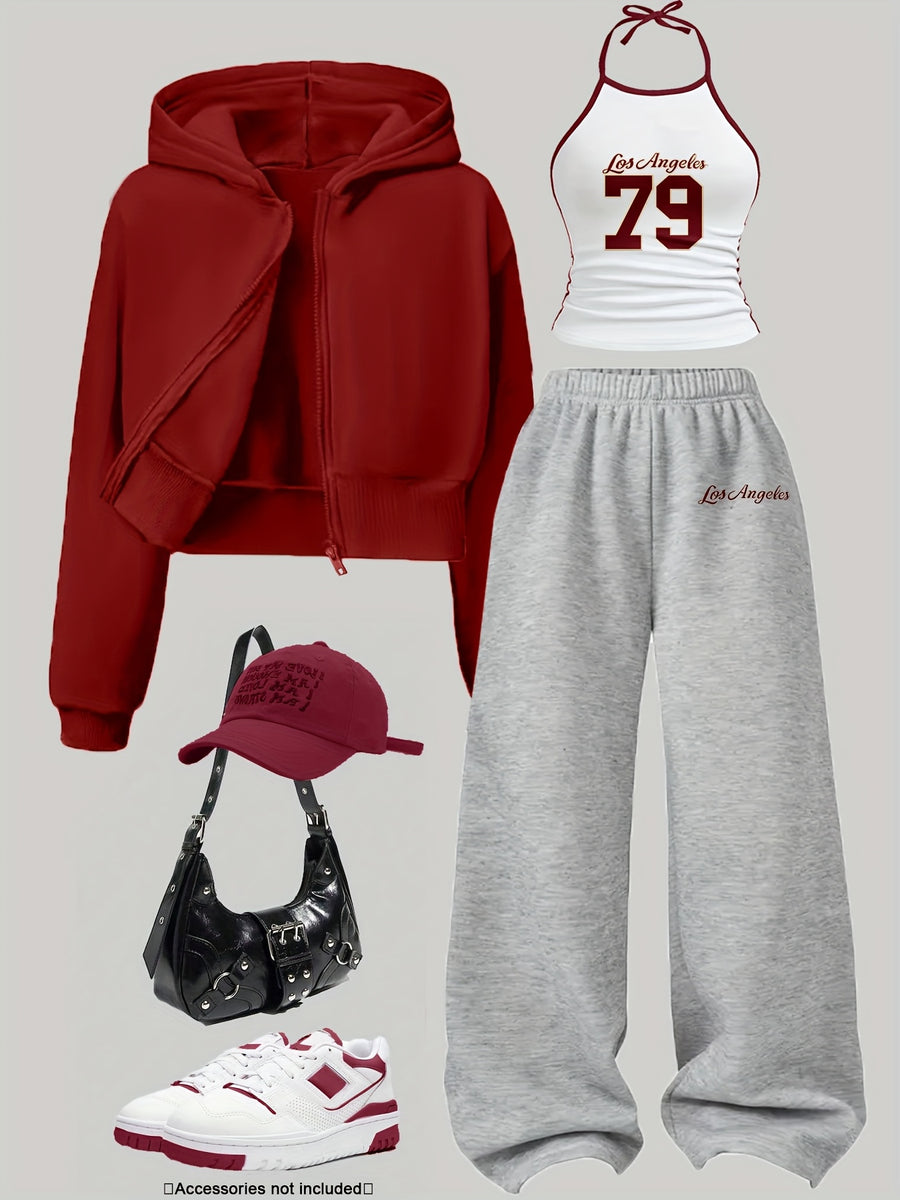 Women's 3pcs Set: Jacket, Number + Letter Print Vest, Wide-Leg Pants Set | Casual Loose Autumn/Winter Outfit | Complete Autumn/Winter Outfit | Color-Block Vest Hooded Jacket and Pants Set | Suitable for Daily Wear, Commuting, - Wine red/grey/white