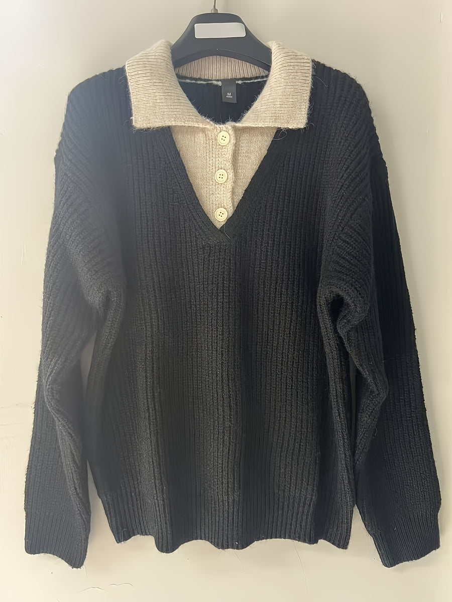 Simple Casual Color-Block Patchwork Lapel Pullover Long-Sleeve Sweater, Fashionable 2-in-1 Look Knitwear - Black