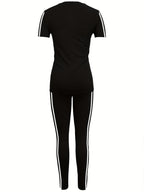 Women'S Casual Two-Piece Set with Round Neck And Short Sleeves Featuring Printed Letters - Black