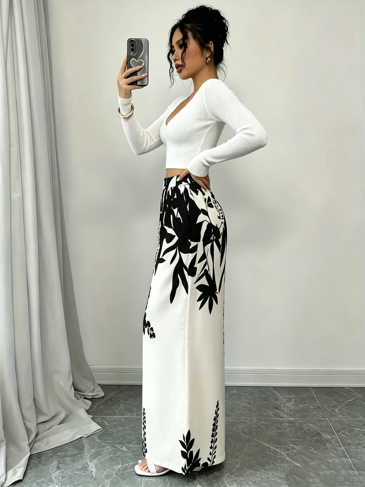 Black White Floral Print Wide Leg Pants Summer Autumn High Waist Palazzo Trousers - Black